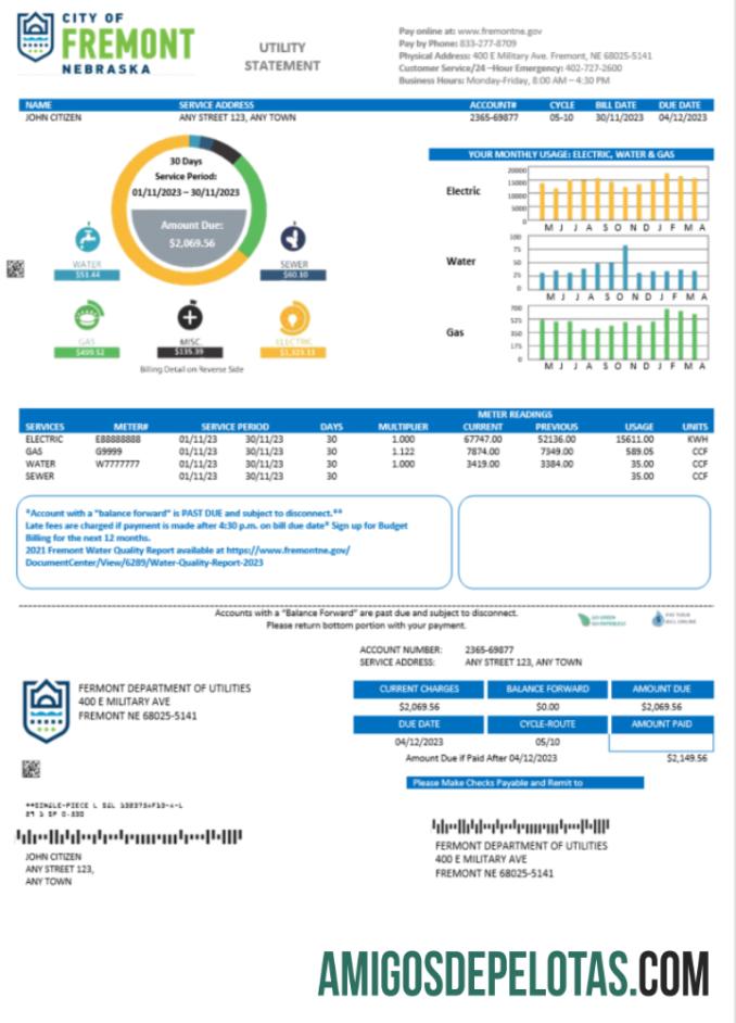 Em branco modelo Word e PDF de projeto de lei de serviços públicos da cidade dos EUA de Fremont Nebraska
